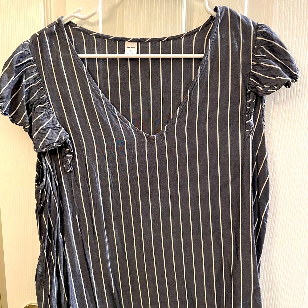 Navy Blue and White Lined Blouse